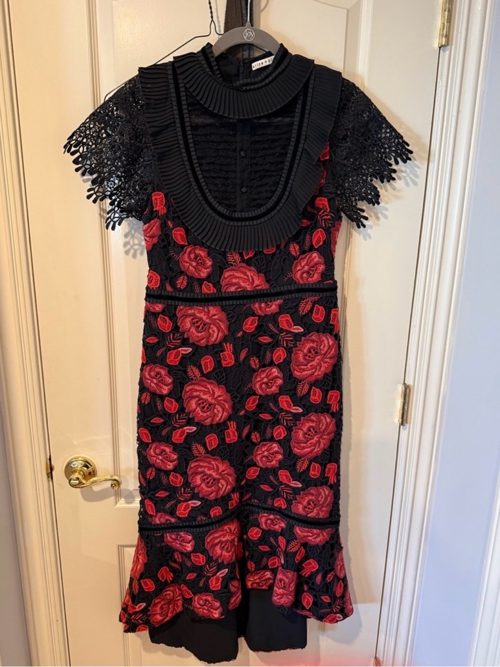 Alice + Olivia Black Lace High-Low Dress with Red Floral Appliqué